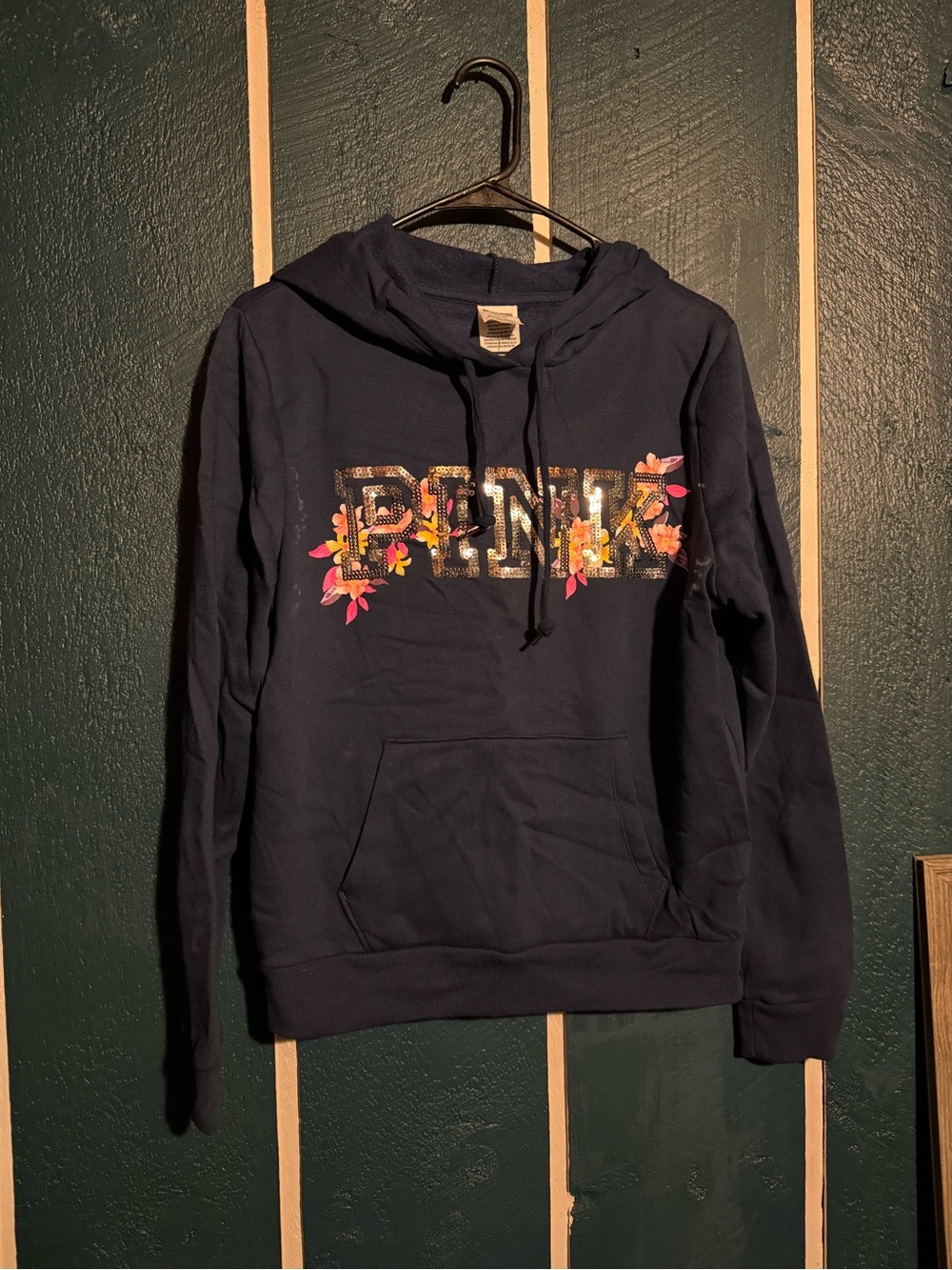 PINK Victoria's Secret Navy Hoodie with Floral Sequin Logo